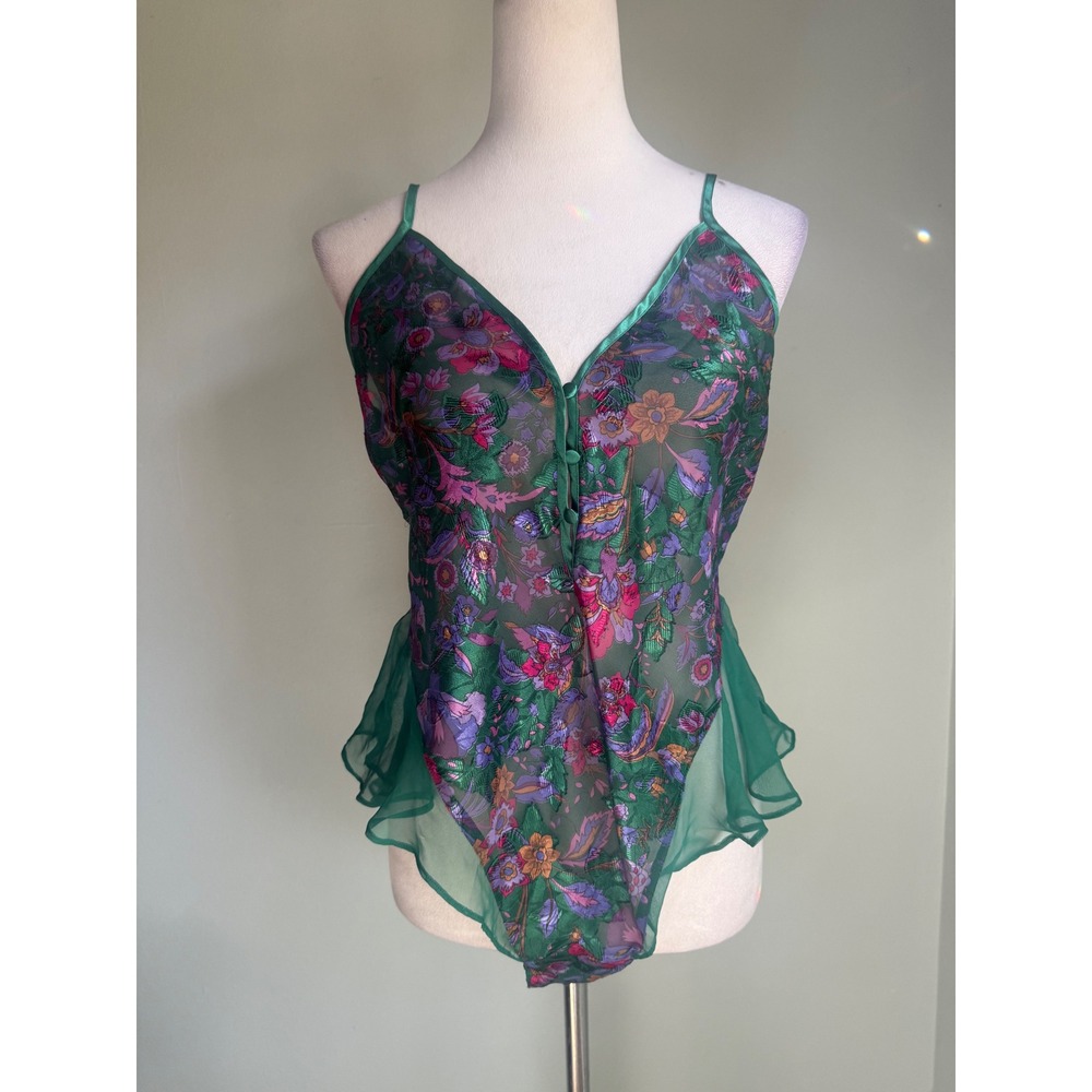VTG Victorias Secret Gold Label Green Floral Chiffon Bodysuit‎ Medium 90s whimsi
